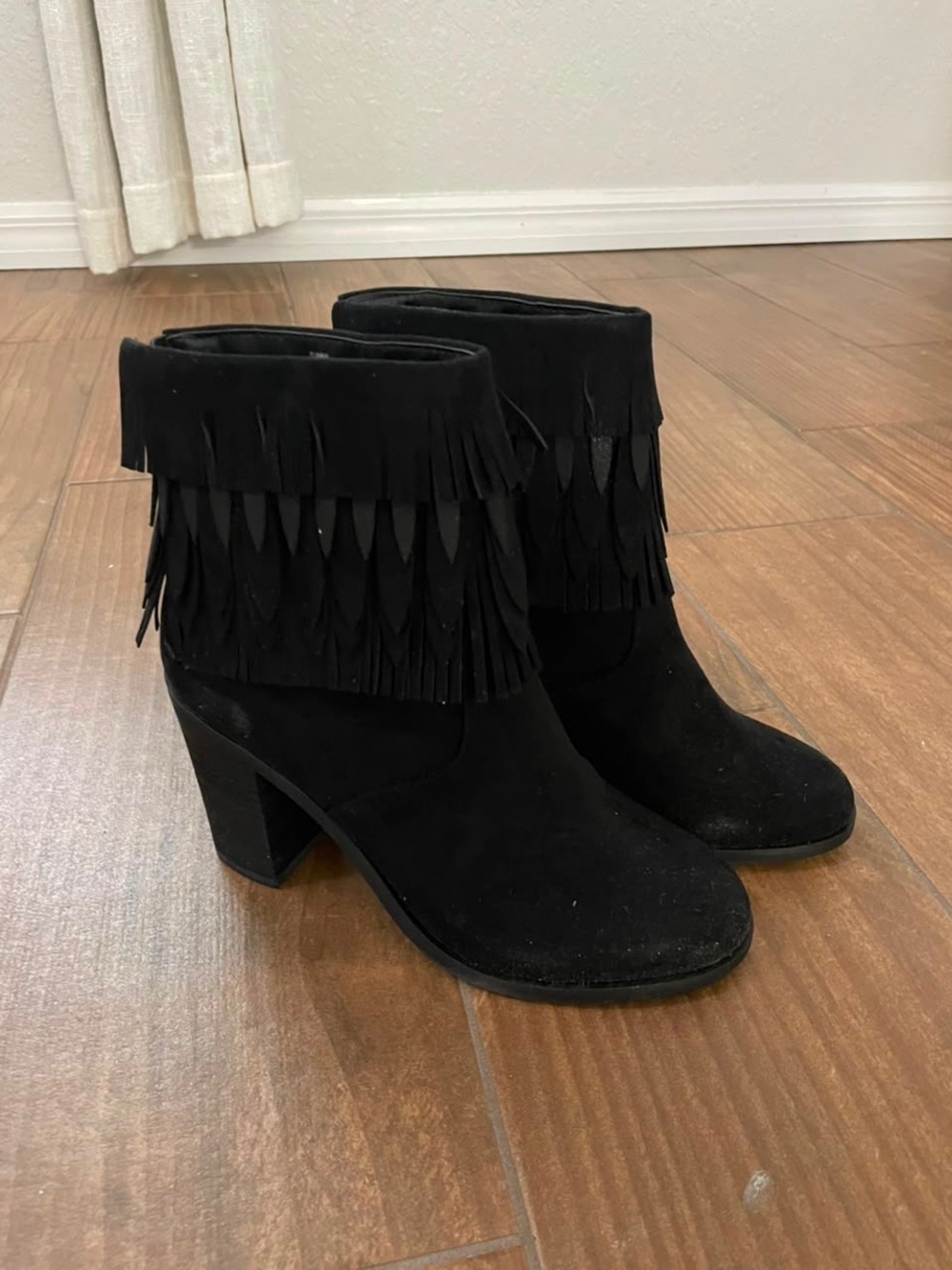 Yellow Box Black Suede Fringe Mid Heel Ankle Boots